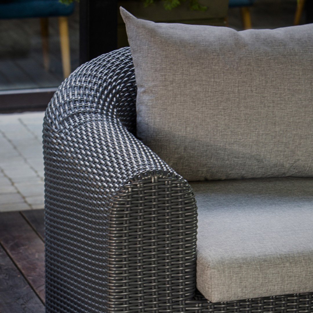 Outdoor Wicker Dining & Lounge Set - 8 Seat. Includes 2 Sofas, 2 Armchairs And Large Dining Table. Available in 4 Fabric Colors.