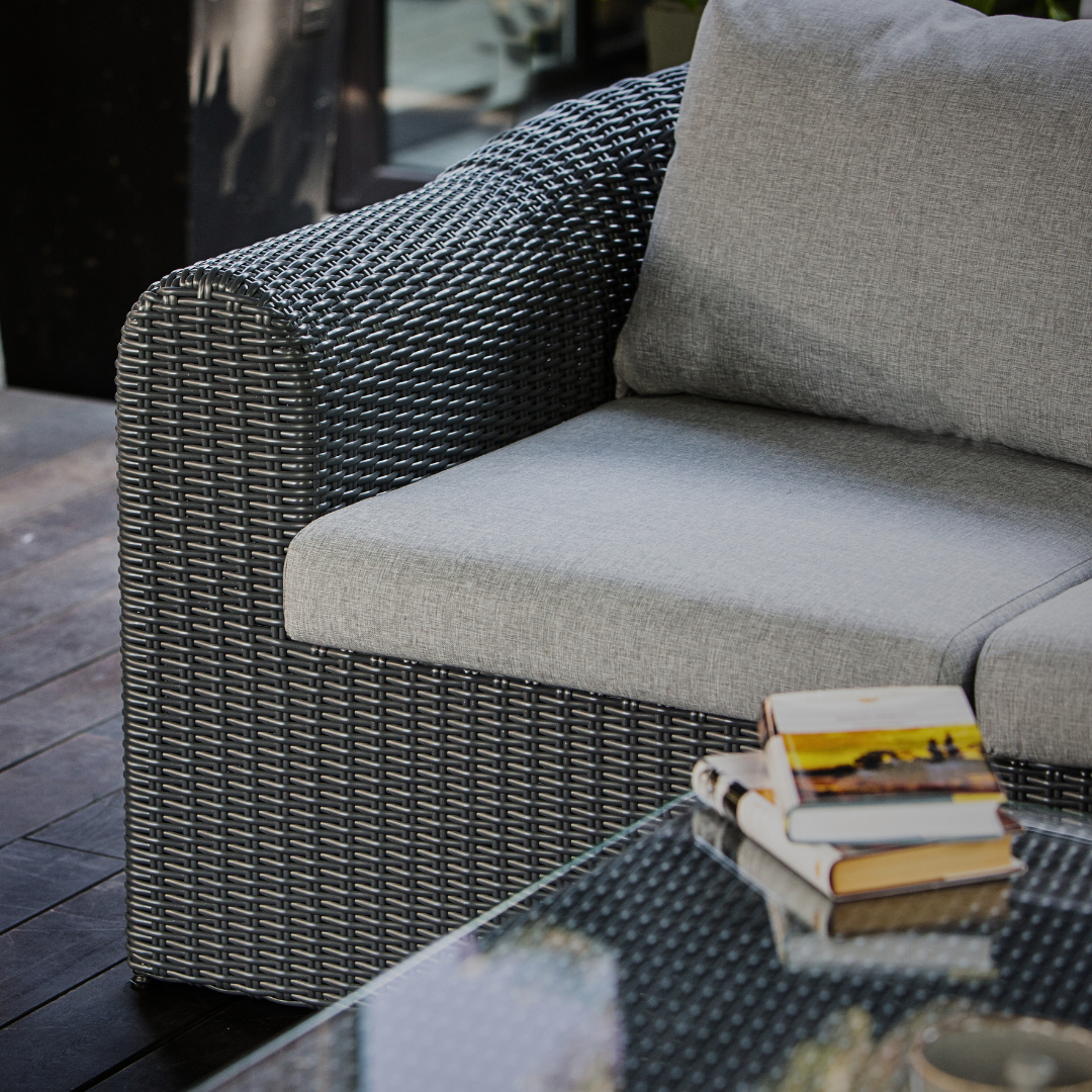 Outdoor Wicker Dining & Lounge Set - 8 Seat. Includes 2 Sofas, 2 Armchairs And Large Dining Table. Available in 4 Fabric Colors.
