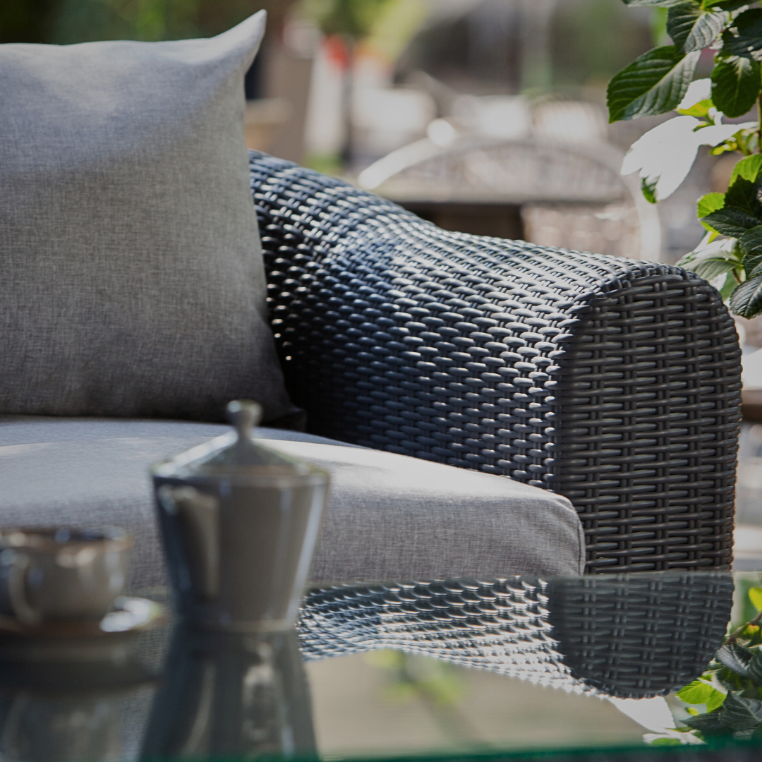 Outdoor Wicker Dining & Lounge Set - 8 Seat. Includes 2 Sofas, 2 Armchairs And Large Dining Table. Available in 4 Fabric Colors.