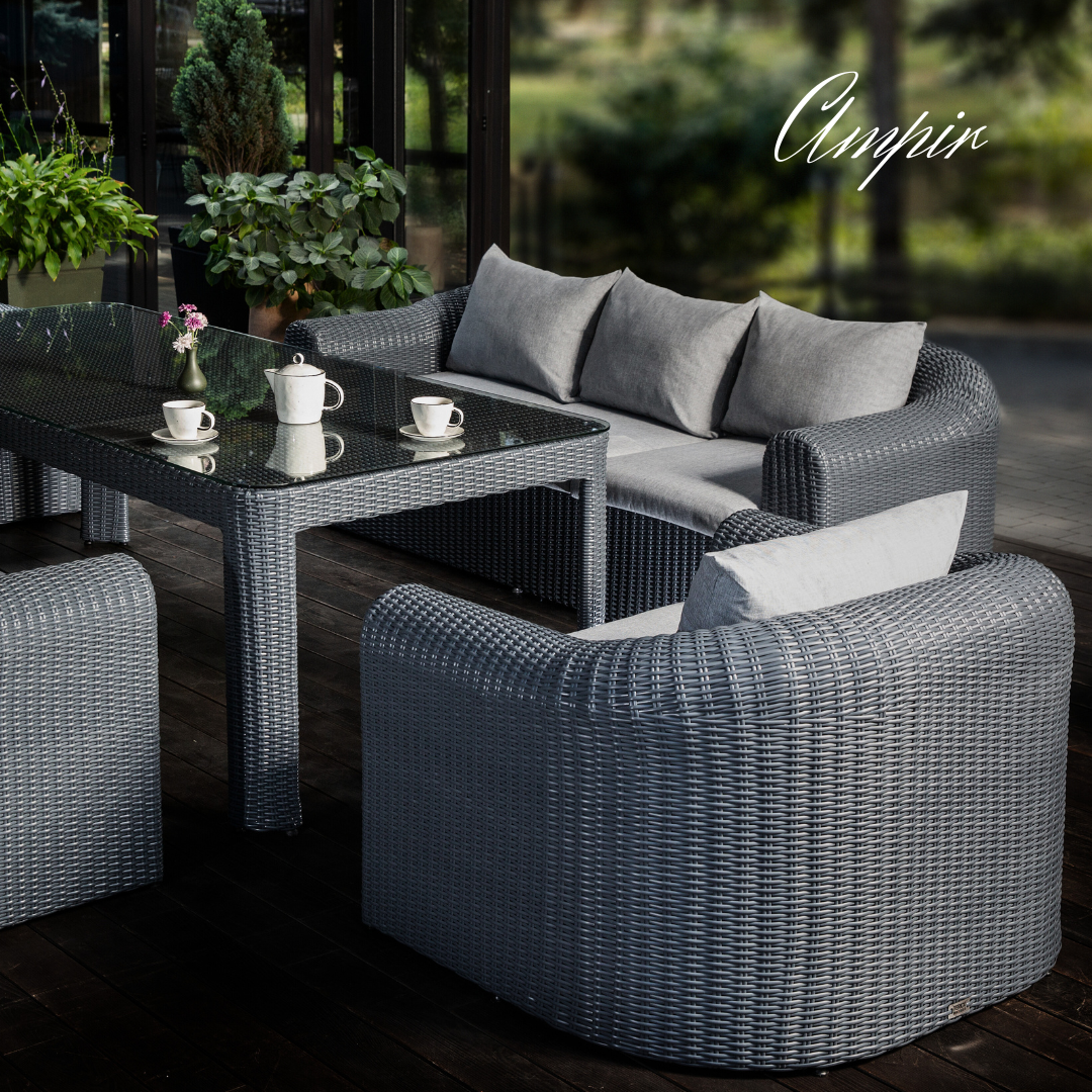 Outdoor Wicker Dining & Lounge Set - 8 Seat. Includes 2 Sofas, 2 Armchairs And Large Dining Table. Available in 4 Fabric Colors.