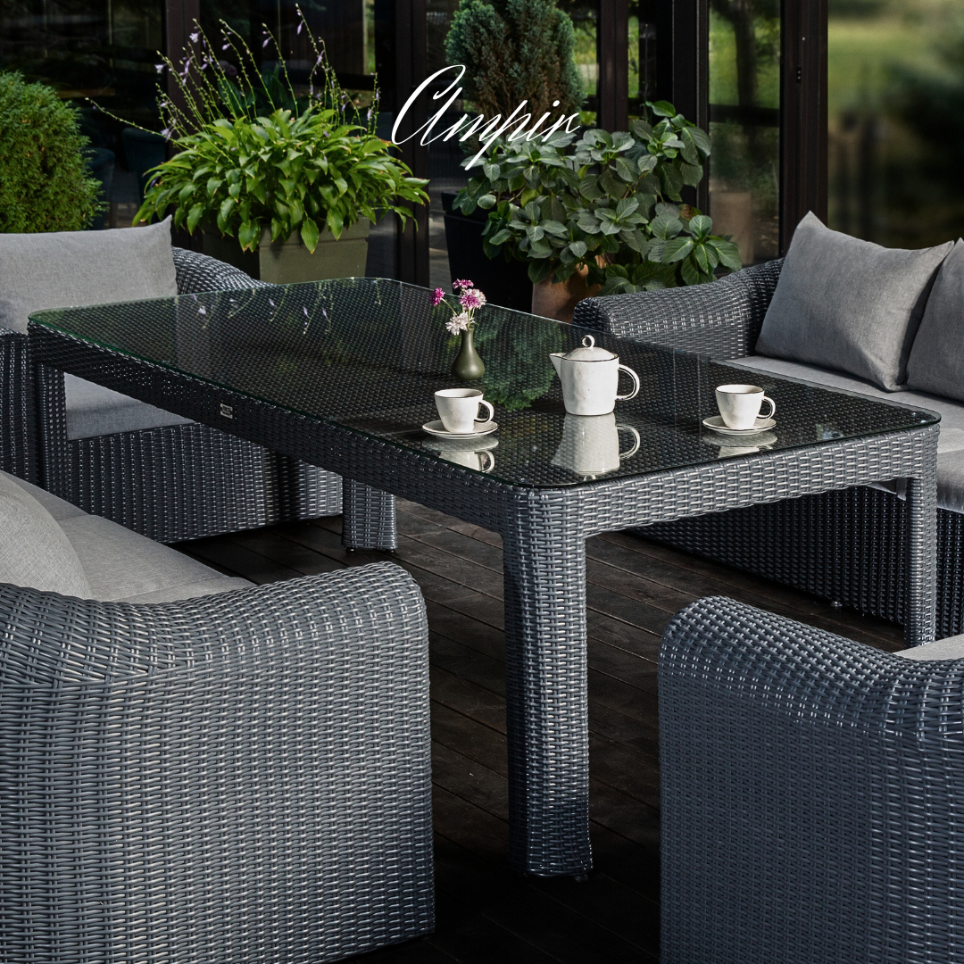 Outdoor Wicker Dining & Lounge Set - 8 Seat. Includes 2 Sofas, 2 Armchairs And Large Dining Table. Available in 4 Fabric Colors.