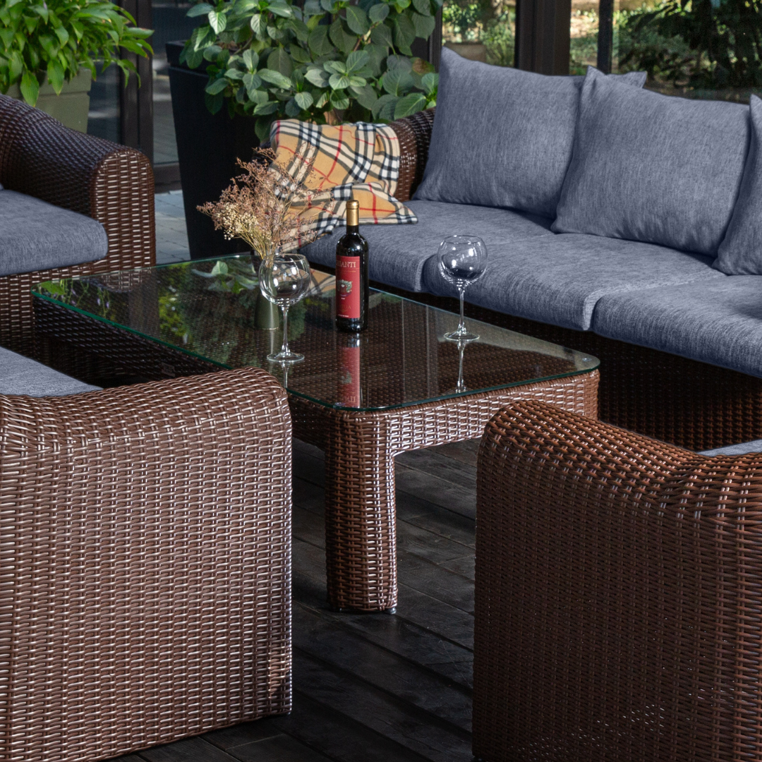 Outdoor Wicker Conversation Set - 8 Seat. Includes 2 Sofas, 2 Armchairs And Table. Available in 4 Fabric Colors.
