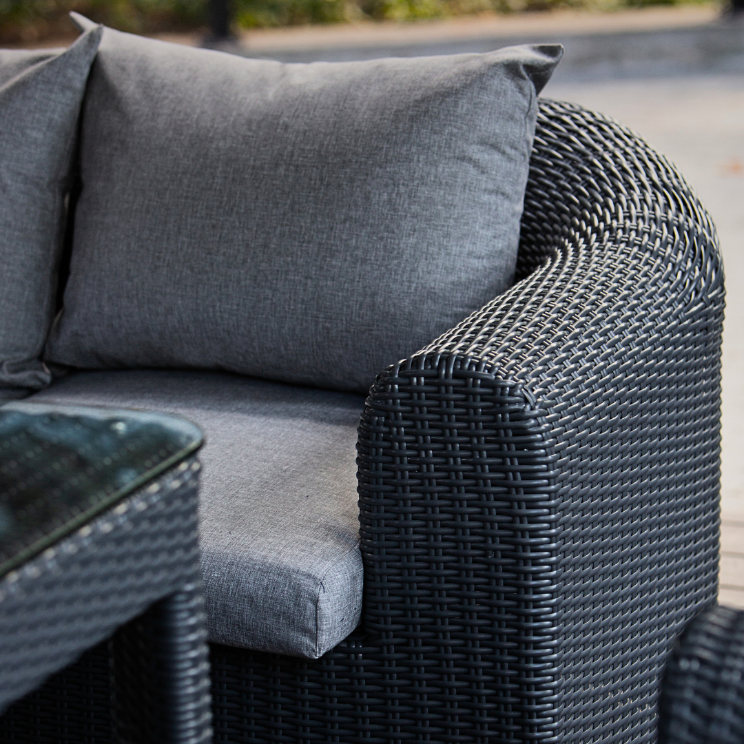 Outdoor Wicker Dining & Lounge Set - 8 Seat. Includes 2 Sofas, 2 Armchairs And Large Dining Table. Available in 4 Fabric Colors.