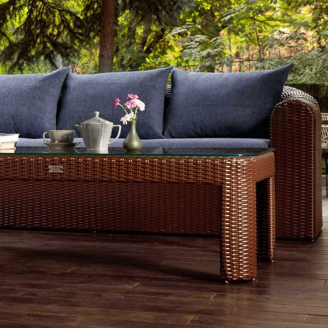 Outdoor Wicker Conversation Set - 8 Seat. Includes 2 Sofas, 2 Armchairs And Table. Available in 4 Fabric Colors.