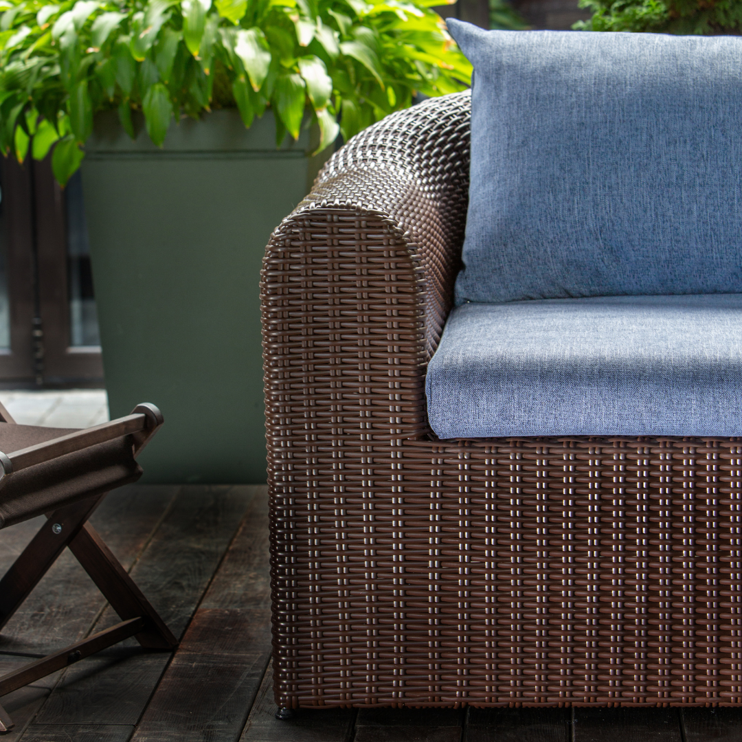 Outdoor Wicker Conversation Set - 8 Seat. Includes 2 Sofas, 2 Armchairs And Table. Available in 4 Fabric Colors.