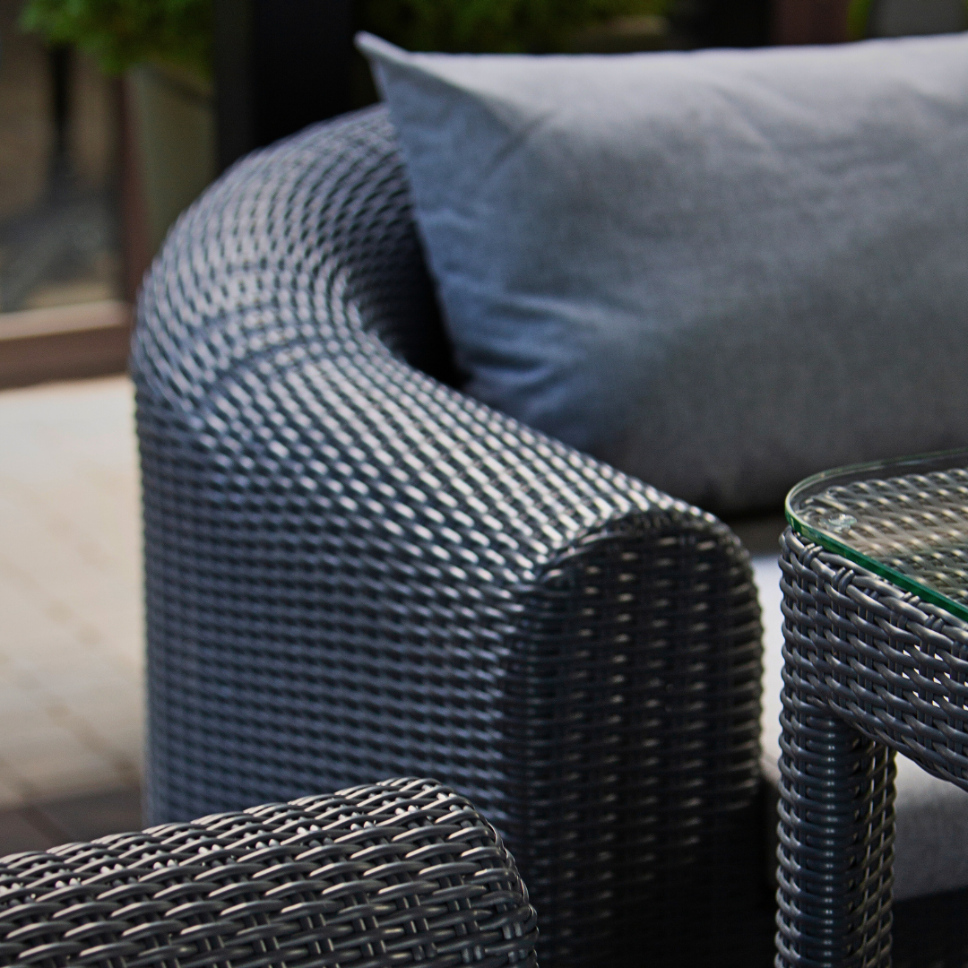 Outdoor Wicker Dining & Lounge Set - 8 Seat. Includes 2 Sofas, 2 Armchairs And Large Dining Table. Available in 4 Fabric Colors.