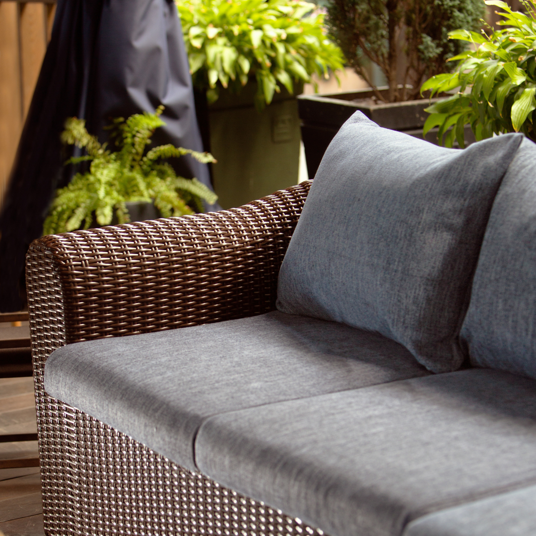 Outdoor Wicker Conversation Set - 8 Seat. Includes 2 Sofas, 2 Armchairs And Table. Available in 4 Fabric Colors.