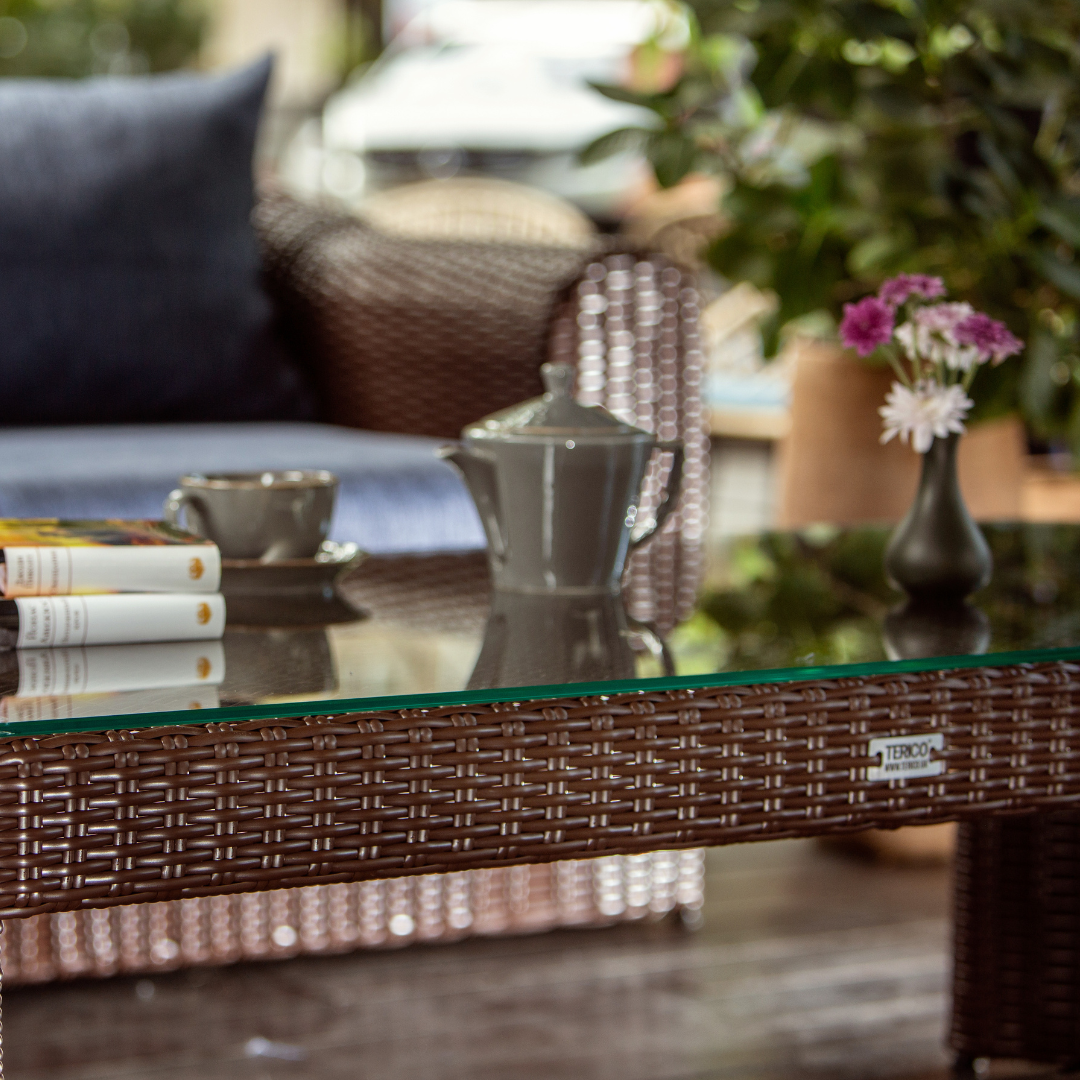 Outdoor Wicker Conversation Set - 8 Seat. Includes 2 Sofas, 2 Armchairs And Table. Available in 4 Fabric Colors.