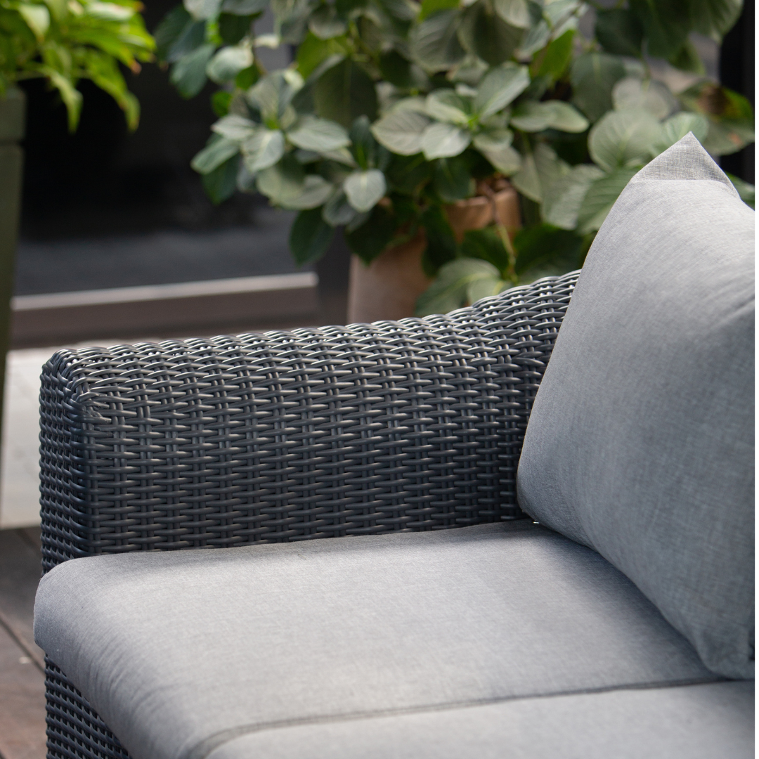 Outdoor Wicker Dining & Lounge Set - 8 Seat. Includes 2 Sofas, 2 Armchairs And Large Dining Table. Available in 4 Fabric Colors.