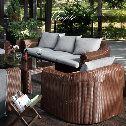 Outdoor Wicker Conversation Set - 8 Seat. Includes 2 Sofas, 2 Armchairs And Table. Available in 4 Fabric Colors.