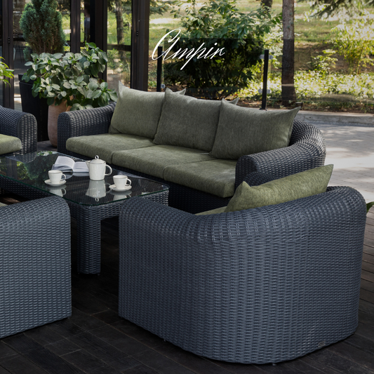 Outdoor Wicker Conversation Set - 8 Seat. Includes 2 Sofas, 2 Armchairs And Table. Available in 4 Fabric Colors.