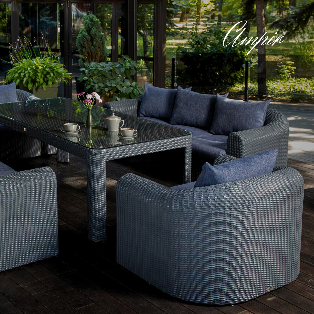 Outdoor Wicker Dining & Lounge Set - 8 Seat. Includes 2 Sofas, 2 Armchairs And Large Dining Table. Available in 4 Fabric Colors.