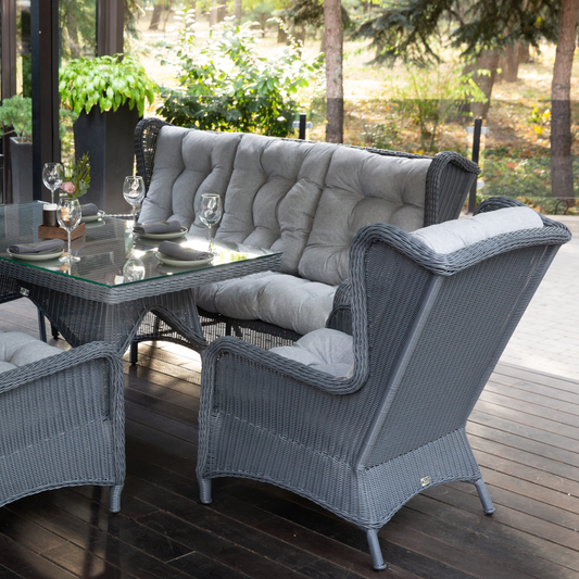 LONDON FAMILY. 8 Person Outdoor Dining & Lounge Set In Graphite Wicker. Includes 2 sofas, 2 armchairs, large table, coffee table and pouf