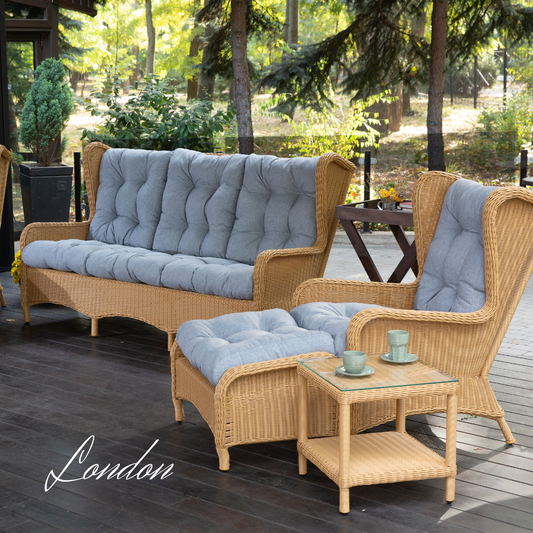 "LONDON LUX LOUNGE" Beige Wicker Outdoor Sofa with 2 Chairs, 2 Poufs And Table - 5 Seat