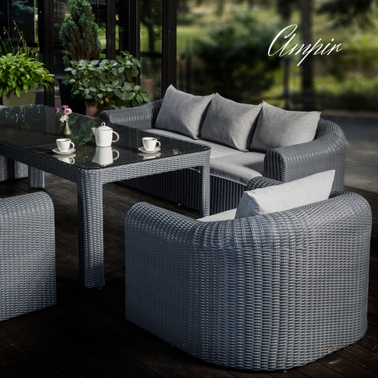 Outdoor Wicker Dining & Lounge Set - 8 Seat. Includes 2 Sofas, 2 Armchairs And Large Dining Table. Available in 4 Fabric Colors.