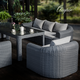 Outdoor Wicker Dining & Lounge Set - 8 Seat. Includes 2 Sofas, 2 Armchairs And Large Dining Table. Available in 4 Fabric Colors.