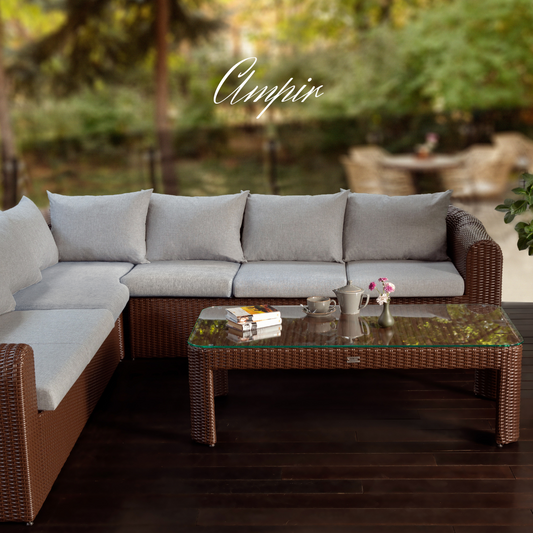 Sectional Wicker Lounge Set - 6 Seat. Includes 2 Sofas, Corner Module And Table. Available in 4 Fabric Colors.