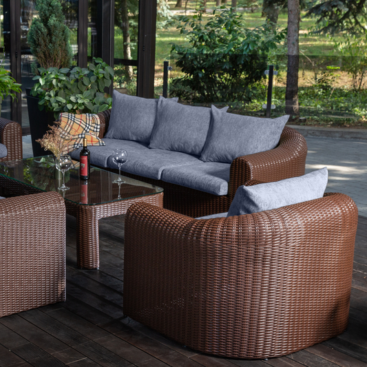 Outdoor Wicker Conversation Set - 8 Seat. Includes 2 Sofas, 2 Armchairs And Table. Available in 4 Fabric Colors.