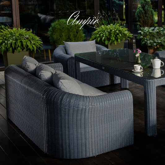 Outdoor Wicker Dining & Lounge Set - 8 Seat. Includes 2 Sofas, 2 Armchairs And Large Dining Table. Available in 4 Fabric Colors.