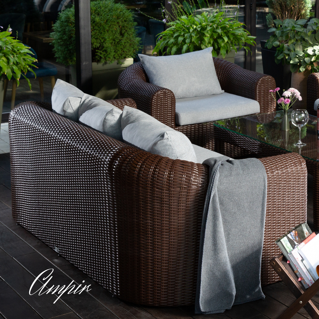 Outdoor Wicker Conversation Set - 8 Seat. Includes 2 Sofas, 2 Armchairs And Table. Available in 4 Fabric Colors.