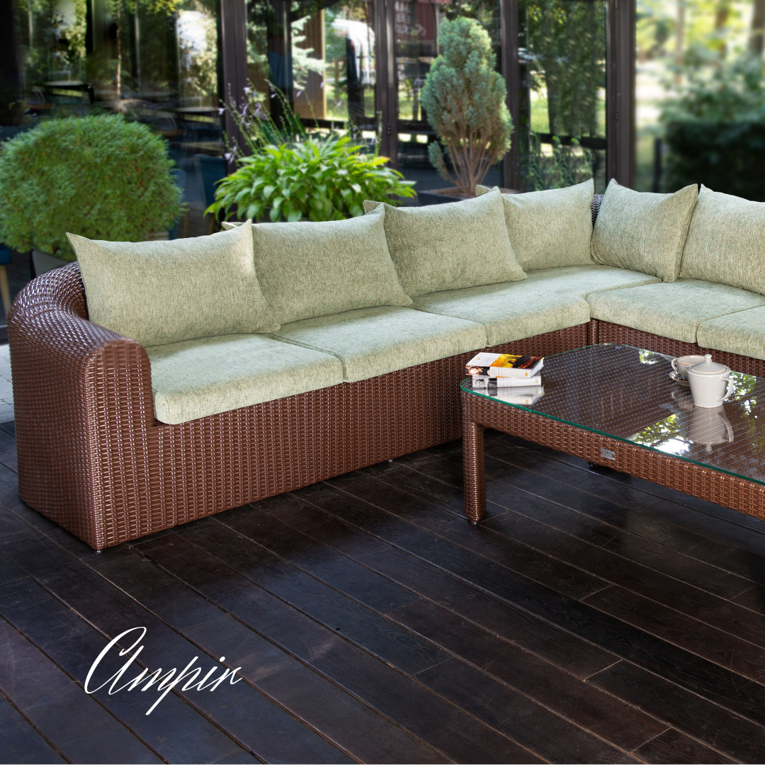 Sectional Wicker Lounge Set - 6 Seat. Includes 2 Sofas, Corner Module And Table. Available in 4 Fabric Colors.