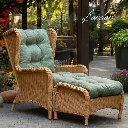 LONDON LOUNGE. 2 Person Outdoor Lounge Set In Dark Beige Wicker. Includes 2 armchairs, coffee table and poufs