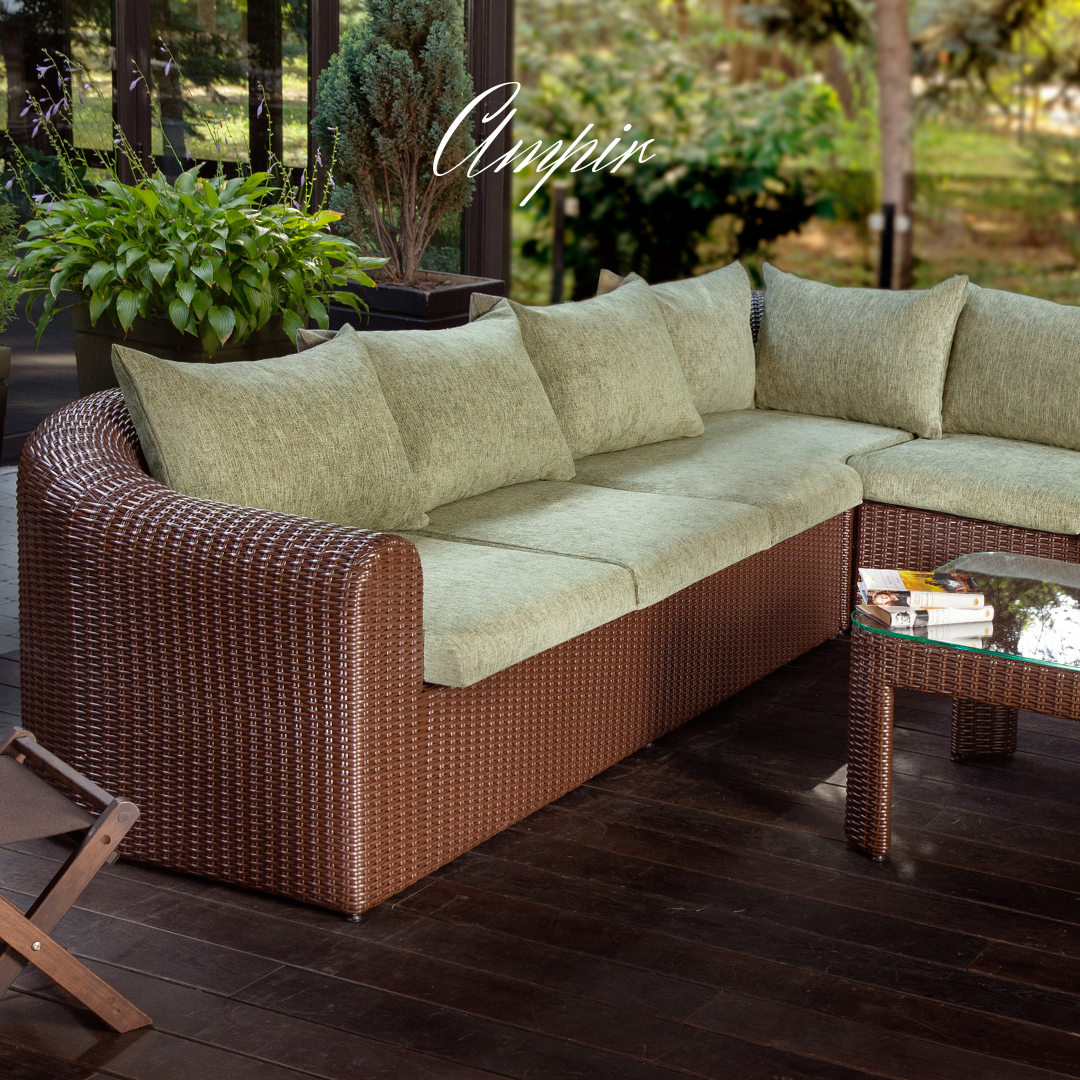 Sectional Wicker Lounge Set - 6 Seat. Includes 2 Sofas, Corner Module And Table. Available in 4 Fabric Colors.