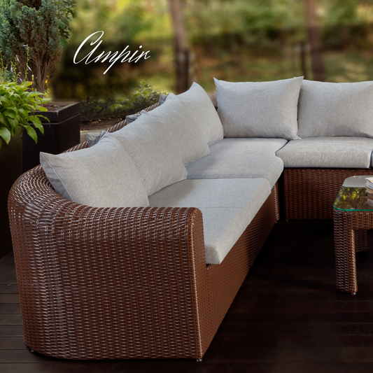 Sectional Wicker Lounge Set - 6 Seat. Includes 2 Sofas, Corner Module And Table. Available in 4 Fabric Colors.