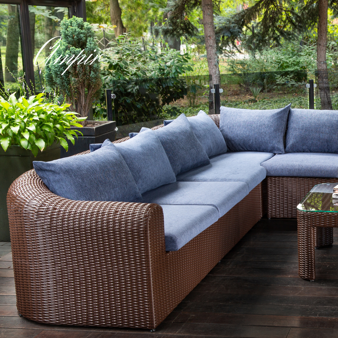 Sectional Wicker Lounge Set - 6 Seat. Includes 2 Sofas, Corner Module And Table. Available in 4 Fabric Colors.