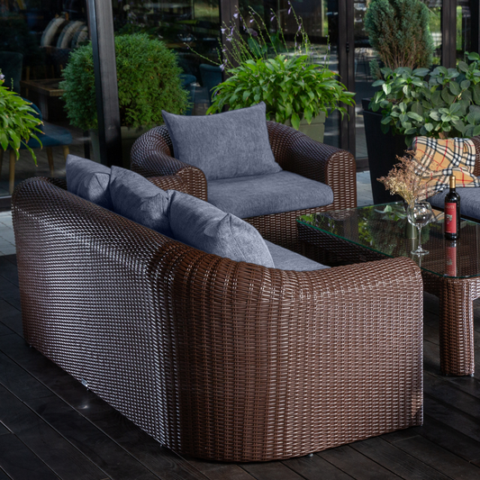 Outdoor Wicker Conversation Set - 8 Seat. Includes 2 Sofas, 2 Armchairs And Table. Available in 4 Fabric Colors.