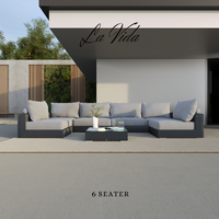 LA VIDA Sectional Wicker Lounge Set. Includes 6 Modules, 6 Mattresses, 8 Big Cushions, 8 Roll Cushions And Table