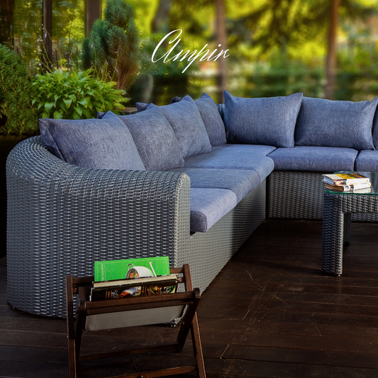 Sectional Wicker Lounge Set - 6 Seat. Includes 2 Sofas, Corner Module And Table. Available in 4 Fabric Colors.