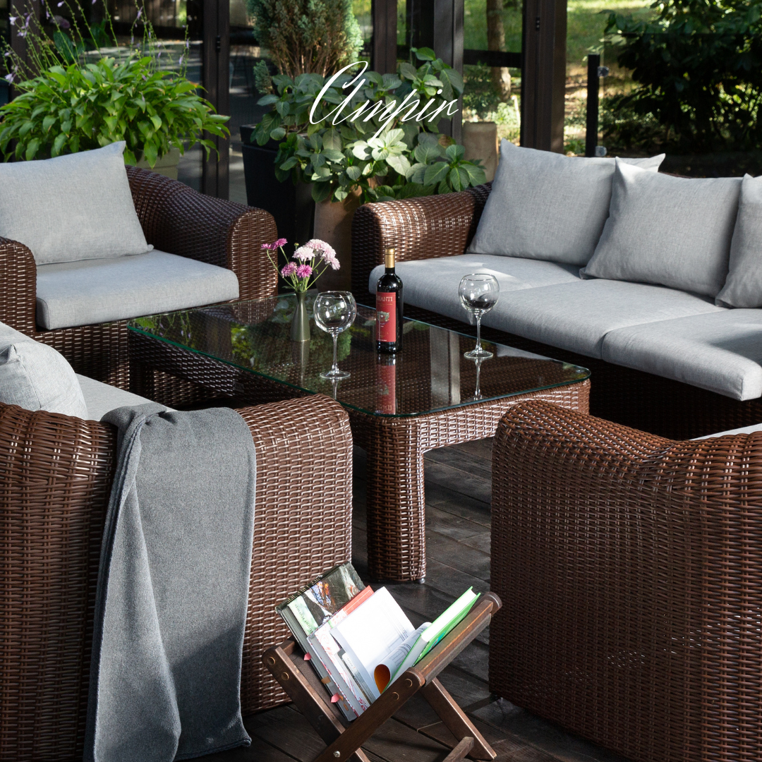 Outdoor Wicker Conversation Set - 8 Seat. Includes 2 Sofas, 2 Armchairs And Table. Available in 4 Fabric Colors.