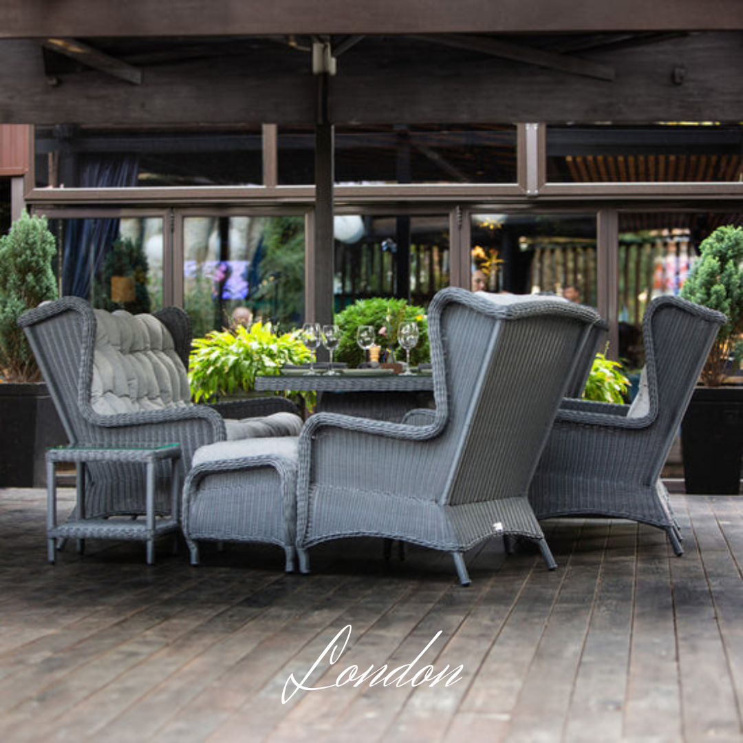 LONDON FAMILY. 8 Person Outdoor Dining & Lounge Set In Graphite Wicker. Includes 2 sofas, 2 armchairs, large table, coffee table and pouf