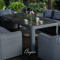 Outdoor Wicker Dining & Lounge Set - 8 Seat. Includes 2 Sofas, 2 Armchairs And Large Dining Table. Available in 4 Fabric Colors.