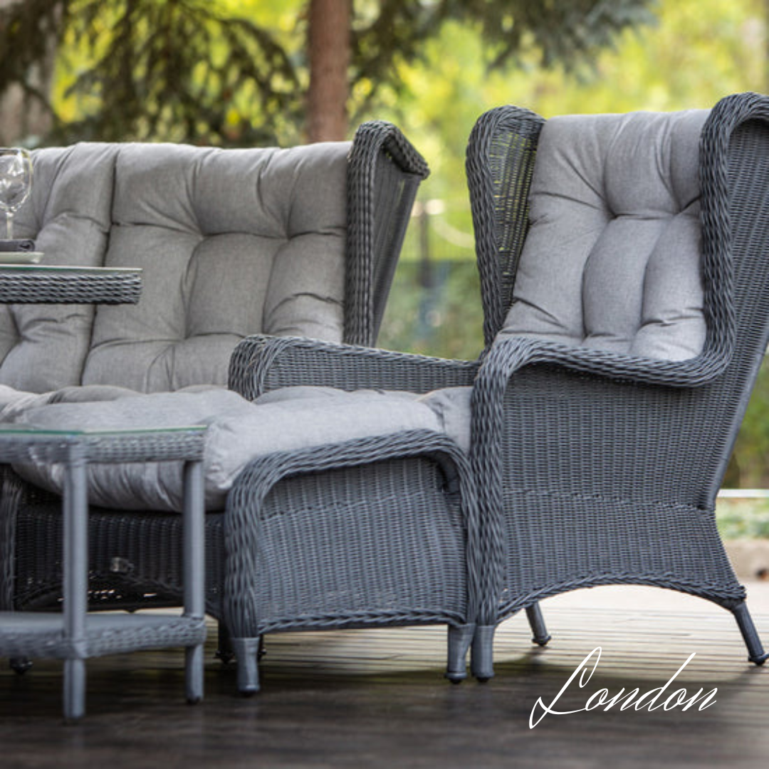 LONDON FAMILY. 8 Person Outdoor Dining & Lounge Set In Graphite Wicker. Includes 2 sofas, 2 armchairs, large table, coffee table and pouf