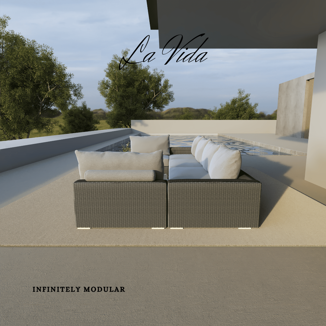 LA VIDA Sectional Wicker Lounge Set. Includes 6 Modules, 6 Mattresses, 8 Big Cushions, 8 Roll Cushions And Table