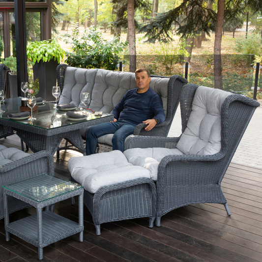 LONDON FAMILY. 8 Person Outdoor Dining & Lounge Set In Graphite Wicker. Includes 2 sofas, 2 armchairs, large table, coffee table and pouf