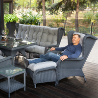 LONDON FAMILY. 8 Person Outdoor Dining & Lounge Set In Graphite Wicker. Includes 2 sofas, 2 armchairs, large table, coffee table and pouf