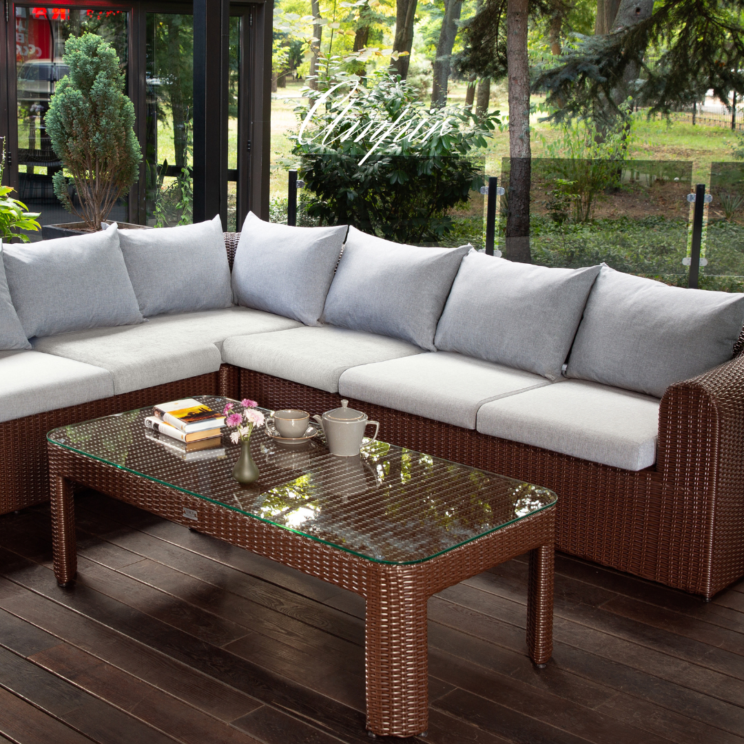 Sectional Wicker Lounge Set - 6 Seat. Includes 2 Sofas, Corner Module And Table. Available in 4 Fabric Colors.
