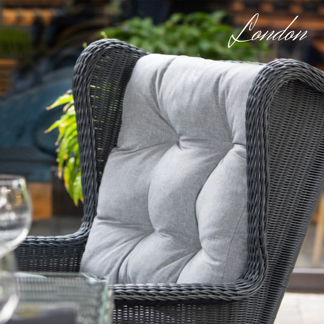 LONDON FAMILY. 8 Person Outdoor Dining & Lounge Set In Graphite Wicker. Includes 2 sofas, 2 armchairs, large table, coffee table and pouf