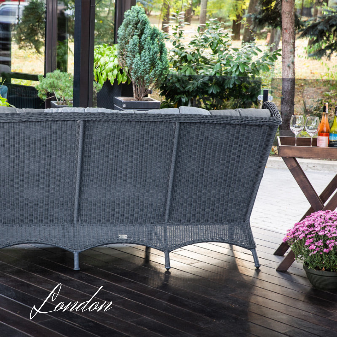LONDON FAMILY. 8 Person Outdoor Dining & Lounge Set In Graphite Wicker. Includes 2 sofas, 2 armchairs, large table, coffee table and pouf