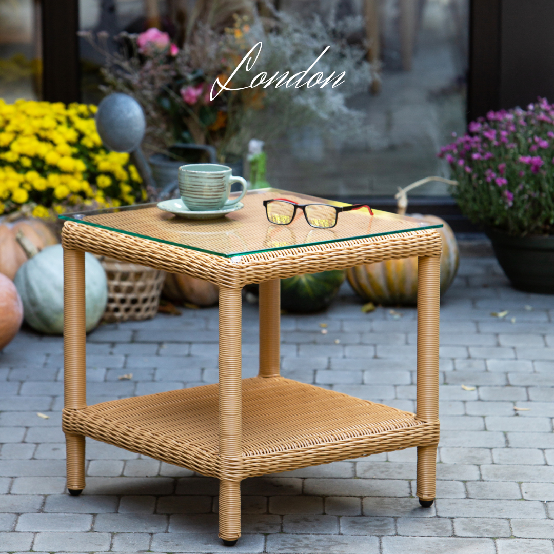 LONDON FAMILY. 8 Person Outdoor Dining & Lounge Set In Milky Beige Wicker. Includes 2 sofas, 2 armchairs, large table, coffee table and poufs