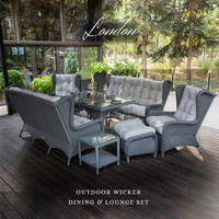 LONDON FAMILY. 8 Person Outdoor Dining & Lounge Set In Graphite Wicker. Includes 2 sofas, 2 armchairs, large table, coffee table and pouf
