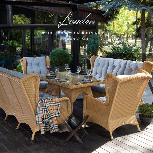 LONDON FAMILY. 8 Person Outdoor Dining & Lounge Set In Milky Beige Wicker. Includes 2 sofas, 2 armchairs, large table, coffee table and poufs