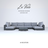 LA VIDA Sectional Wicker Lounge Set. Includes 6 Modules, 6 Mattresses, 8 Big Cushions, 8 Roll Cushions And Table