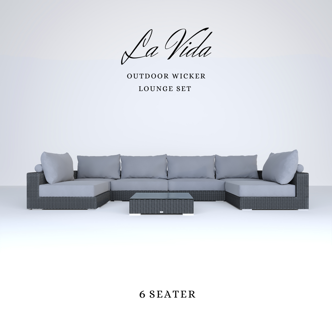 LA VIDA Sectional Wicker Lounge Set. Includes 6 Modules, 6 Mattresses, 8 Big Cushions, 8 Roll Cushions And Table